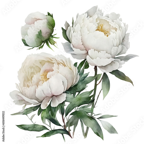 Watercolor white peonies illustration on transparent background. Illustration for card, celebration, wedding, invitation, postcard photo