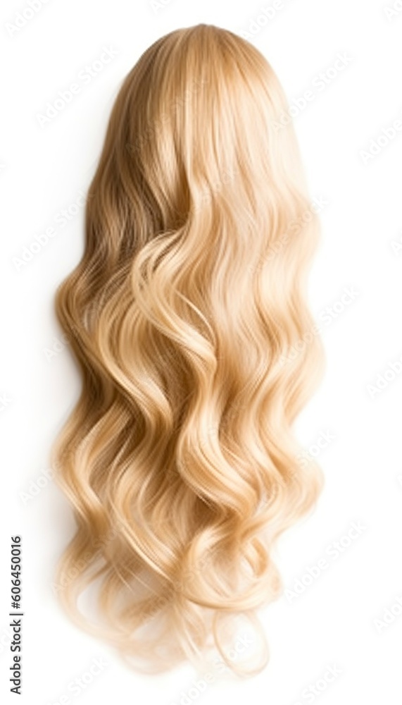 Naklejka premium Curly blonde hair isolated on white background. Beautiful healthy long blond hair lock, haircut, hairstyle. Dyed hair or coloring, hair extension, cure, treatment concept