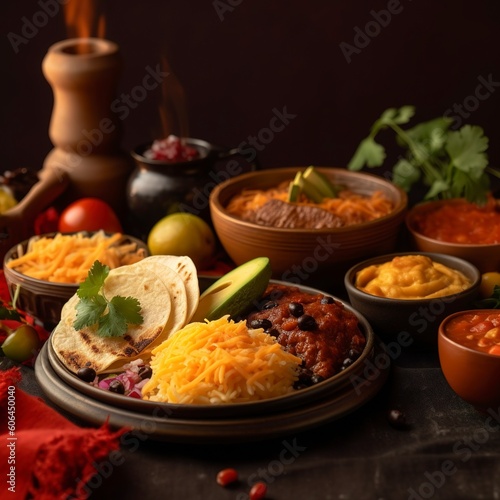 Mexican food corner border, top-down view over a dark banner background. Tacos, quesadilla, burritos and nachos. Copy space, generate ai