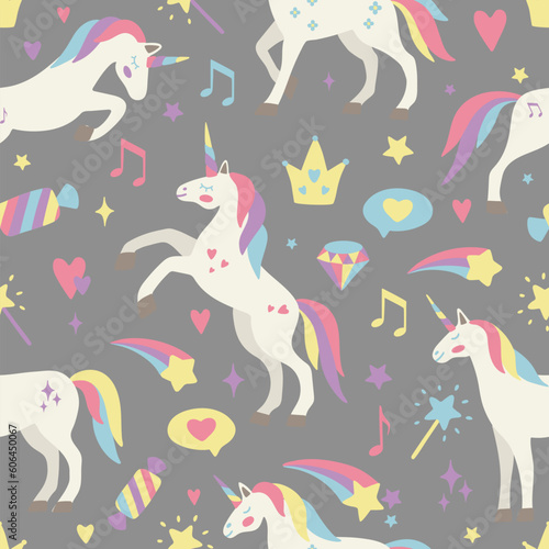Hand drawn seamless vector pattern with cute unicorns, stars, hearts, diamonds. Perfect for fabric, wallpaper, wrapping paper or nursery decor.