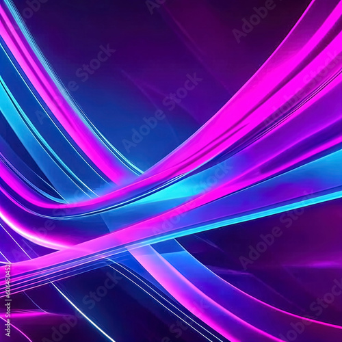 Abstract futuristic background with pink blue glowing neon lines. AI generated