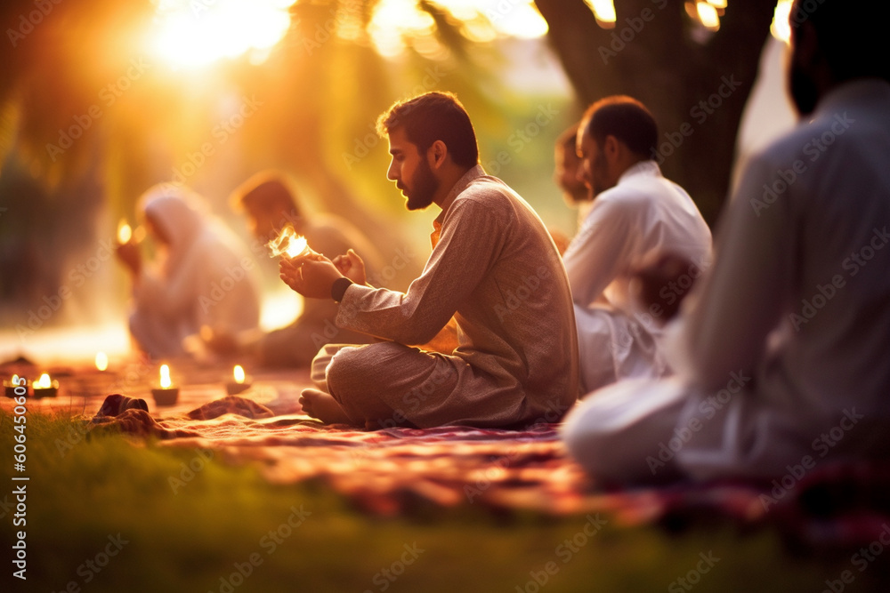 A group of people offering prayers in a serene outdoor setting, Eid-al-Adha, bokeh Generative AI