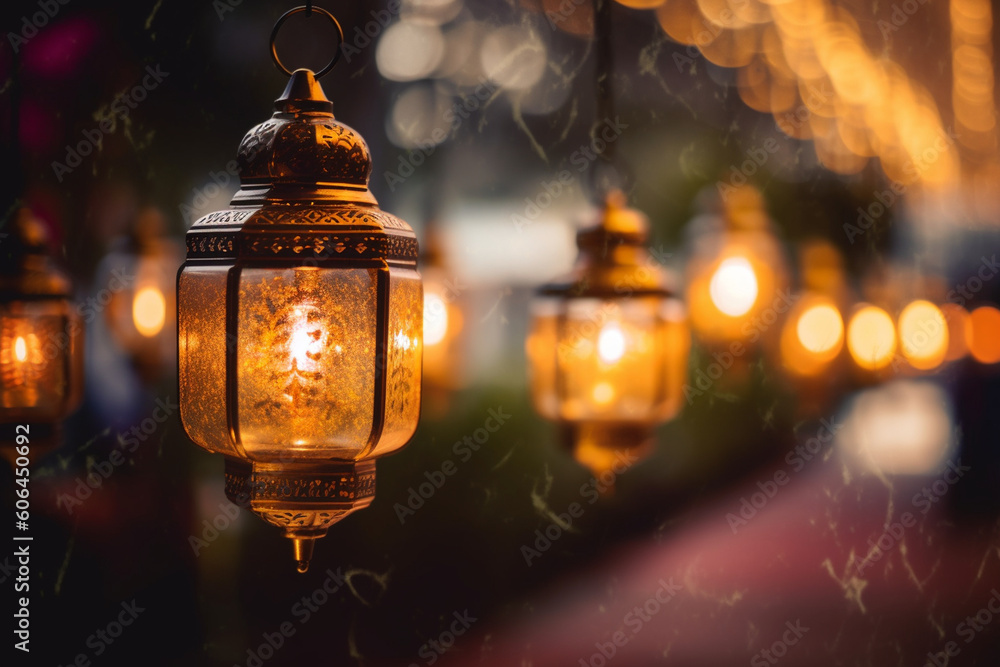 A stunning shot of decorative lanterns illuminating a courtyard, Eid-al-Adha, bokeh Generative AI A stunning shot of decorative lanterns illuminating a courtyard, Eid-al-Adha, bokeh Generative AI