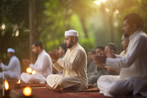 A group of people offering prayers in a serene outdoor setting, Eid-al-Adha, bokeh Generative AI