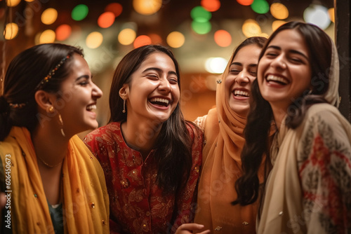 A group of friends sharing laughter and joy during the celebrations, Eid-al-Adha, bokeh Generative AI photo