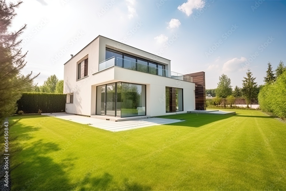 modern house with green grass