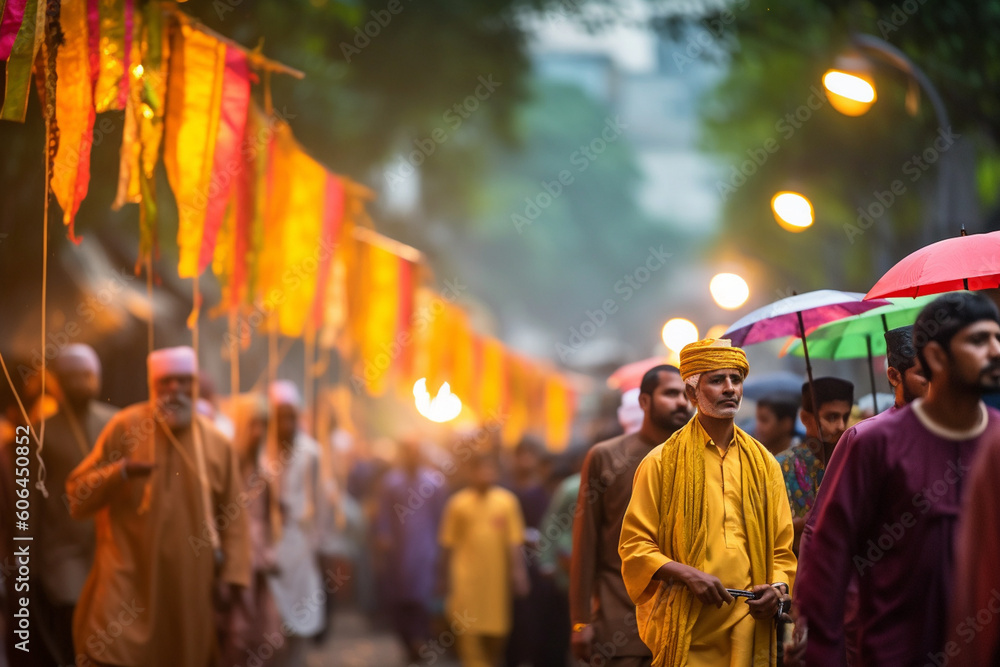 A vibrant street procession with colorful banners and traditional music, Eid-al-Adha, bokeh Generative AI