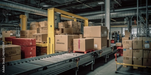 A packages journey from the packing area, onto the conveyor, and finally into the delivery truck, concept of Supply chain management, created with Generative AI technology