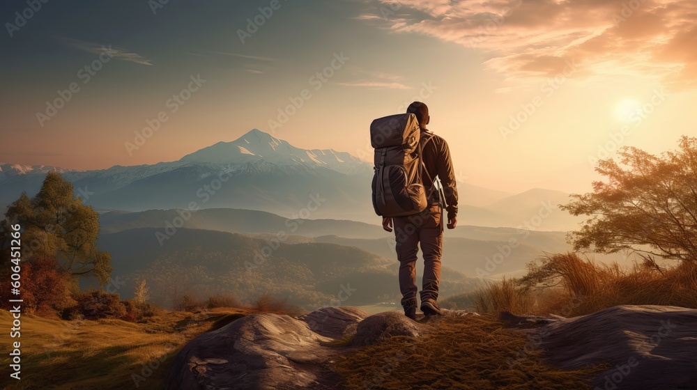 Hiker with backpack hiking on the top of a mountain - Man walking on forest path at sunset - Focus on the guy - sunset in the mountains, Generative AI