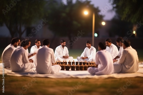 A group of people engaged in a friendly game of traditional storytelling or poetry recitation, Eid-al-Adha, bokeh Generative AI