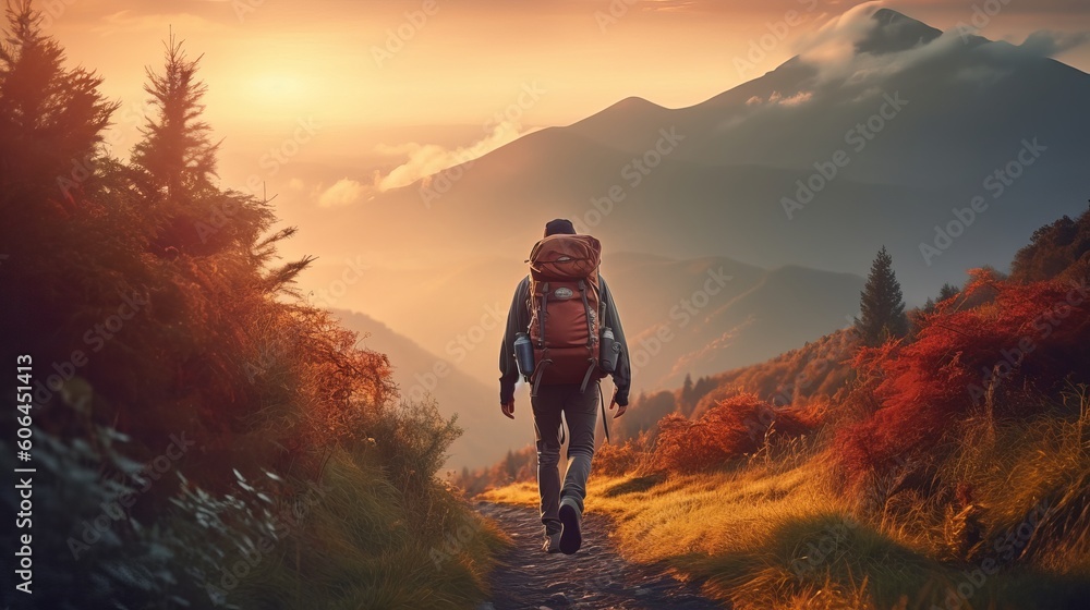 Hiker with backpack hiking on the top of a mountain - Man walking on forest path at sunset - Focus on the guy - sunset in the mountains - hiker in the mountains, Generative AI