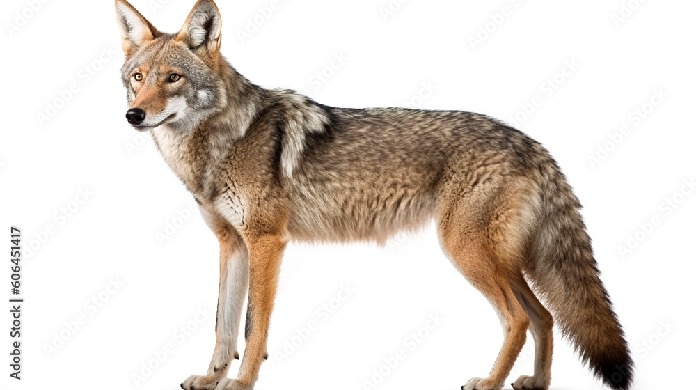 A lone coyote Canis latrans isolated on white background