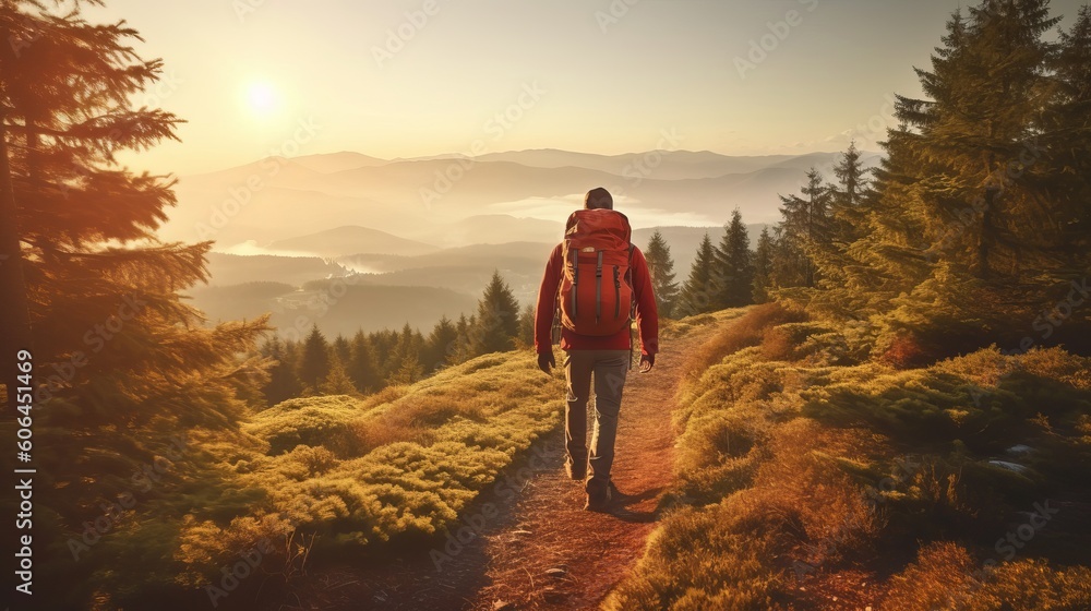 Hiker with backpack hiking on the top of a mountain - Man walking on forest path at sunset - Focus on the guy - sunset in the mountains - hiker in the mountains, Generative AI