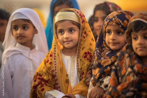 A group of children wearing traditional attire, engaging in cultural activities, Eid-al-Adha, bokeh Generative AI
