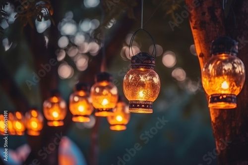 A mesmerizing shot of decorative lanterns hanging from trees, casting a warm glow, Eid-al-Adha, bokeh Generative AI © Катерина Євтехова