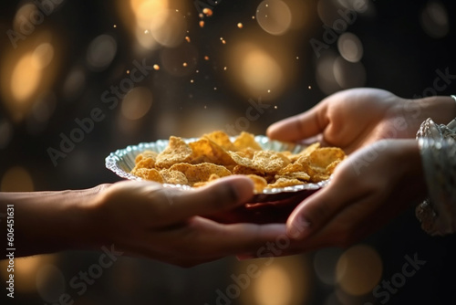 A close-up shot of hands offering food to the less fortunate  embodying the spirit of generosity  Eid-al-Adha  bokeh Generative AI