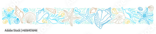 Illustration of line art tropical sea elements, seashells, starfish. Sea border, frame. Doodles of marine life. Sea decoration for scrapbook, card, design. Ocean, sea creatures. Maritime illustration © Anna Pogulyaeva