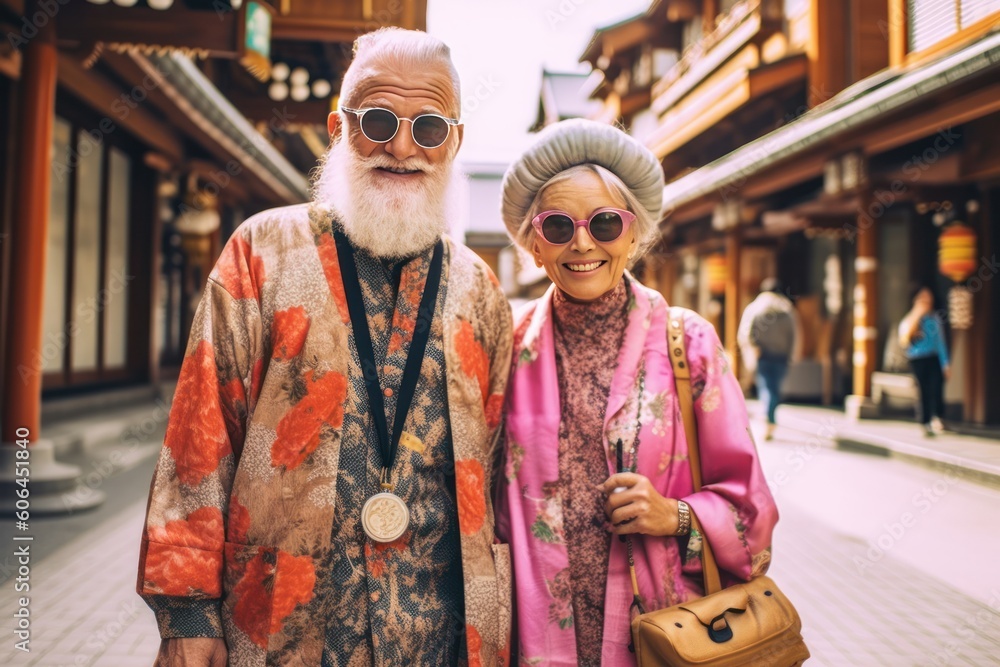 Happy seniors traveling in Japan, Generative AI