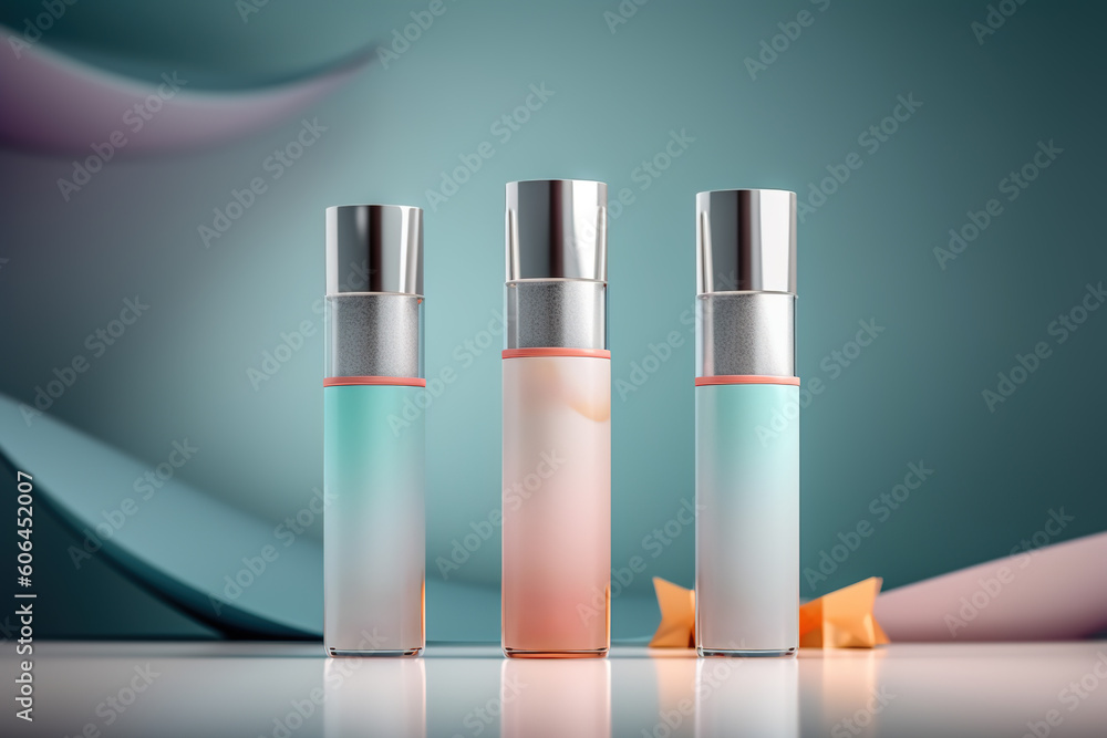 Mockup of cosmetic skin care product on green background. Spray skin care. 3D Render