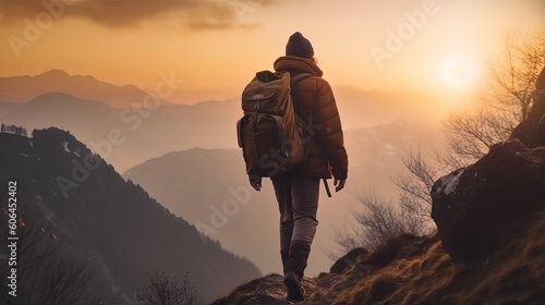 Man walking on forest path at sunset - Hiker with backpack hiking on the top of a mountain - Focus on the guy - sunrise in the mountains, Generative AI