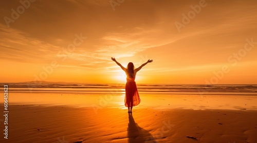 Happy woman with arms up enjoy freedom at the beach at sunset. Wellness, success, freedom and travel concept, silhouette of a person in the sunset, Generative AI