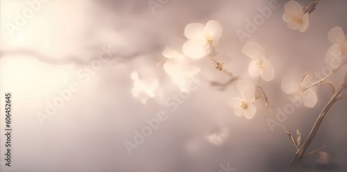 Branch of flowers on a light pastel background, space for text. © Andreas
