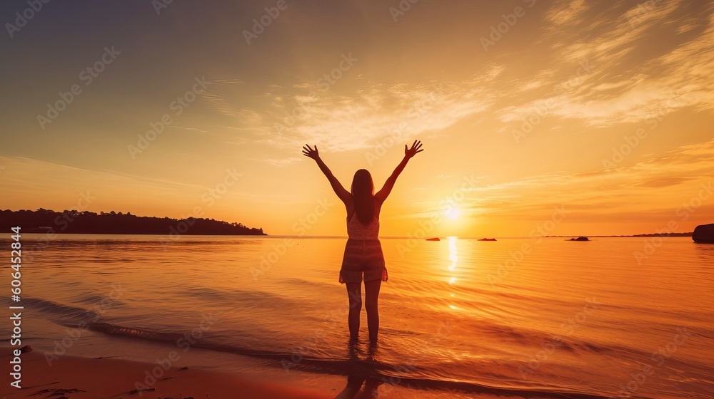 Happy woman with arms up enjoy freedom at the beach at sunset. Wellness, success, freedom and travel concept, person on the beach at sunset, Generative AI