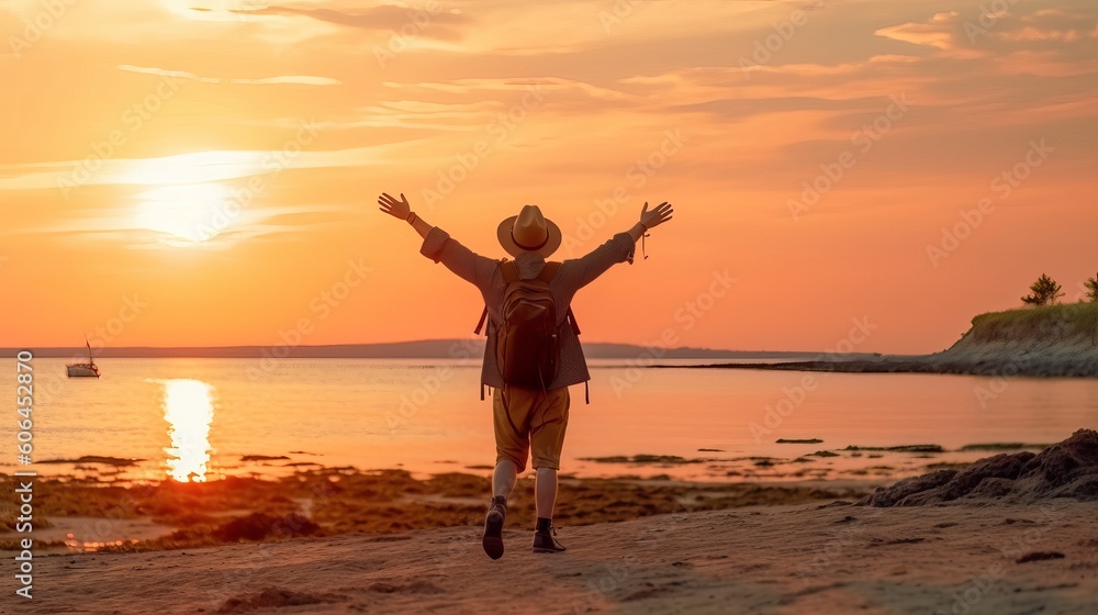 Delightful man enjoying peaceful moment walking outdoors - Happy man wearing hat and backpack raising arms up on the beach at sunset - healthcare, traveling and mental health concept, Generative AI