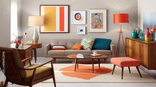 Vintage Modern Living Room with Large Wall for Custom Artwork created with generative ai technology