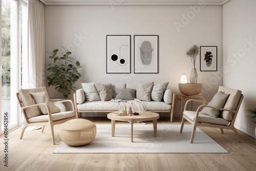Clean, Bright Nordic Living Room with Wall Space for Creativity created with generative ai technology © ArtiStock