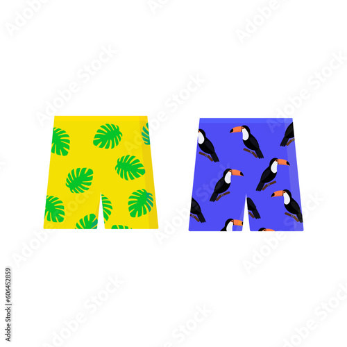 Set of tropical shorts. Cartoon bright exotic shorts with monsteras, toucans. Flat colorful summer clothes. Vector illustration