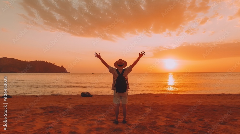 Happy man wearing hat and backpack raising arms up on the beach at sunset - Delightful man enjoying peaceful moment walking outdoors - healthcare, traveling and mental health concept, Generative AI