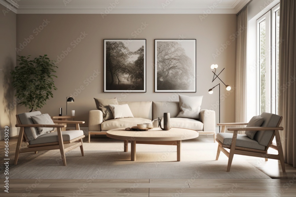 Stylish Scandinavian Interior with Room for Custom Artwork created with generative ai technology Stylish Scandinavian Interior with Room for Custom Artwork created with generative ai technology