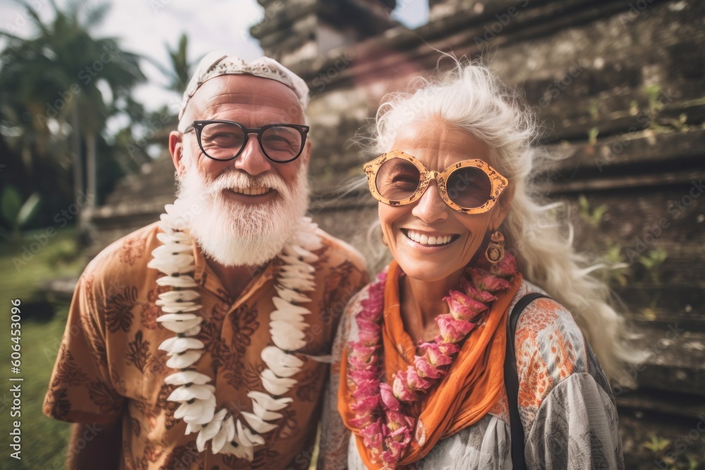 Happy seniors traveling in Bali, Generative AI Happy seniors traveling in Bali, Generative AI
