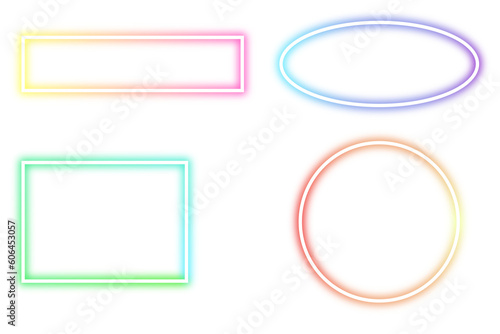 Set of neon frames. Glowing colorful frames on transparent background.