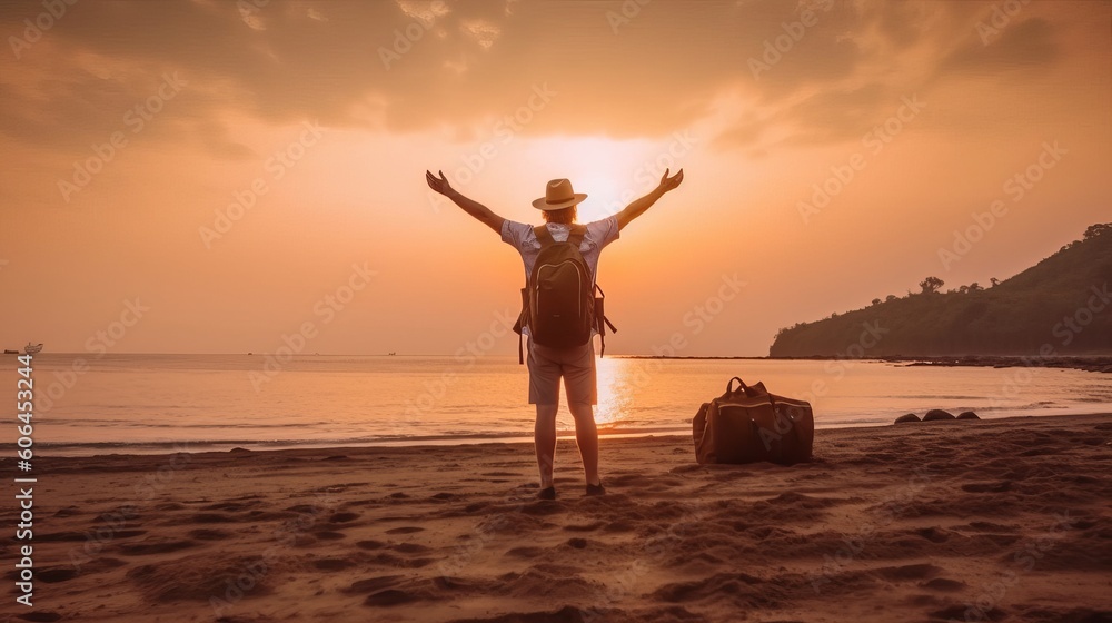 Fototapeta premium Happy man wearing hat and backpack raising arms up on the beach at sunset - Delightful man enjoying peaceful moment walking outdoors - healthcare, traveling and mental health concept, Generative AI