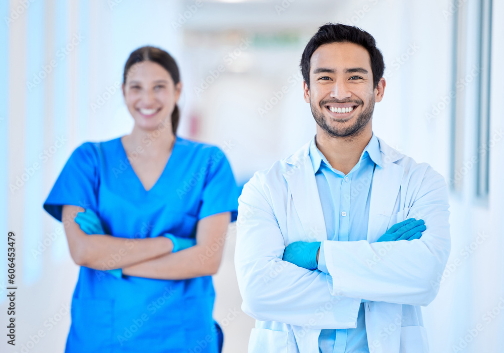 Dentist, portrait and arms crossed with woman assistant and motivation at dental office and clinic. Success, happy worker and healthcare professional in medical workplace for orthodontist consulting Dentist, portrait and arms crossed with woman assistant and motivation at dental office and clinic. Success, happy worker and healthcare professional in medical workplace for orthodontist consulting