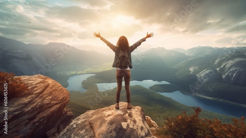 Happy female hiker standing on a cliff with her arms up in the air feeling free, female hiker standing on top of the mountain, Generative AI 