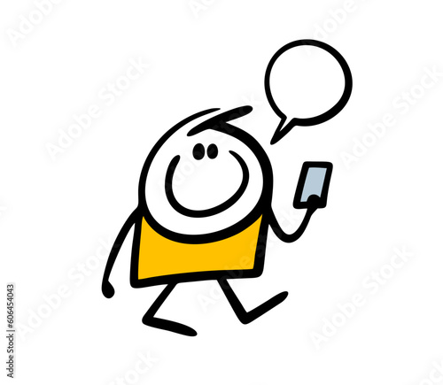 Funny doodle stickman walking outdoor and talking via smartphone online. Vector illustration of modern blogger communication.