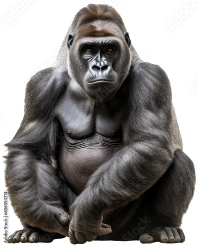 Fotografie, Obraz sitting gorilla isolated on a white background as transparent PNG, generative AI