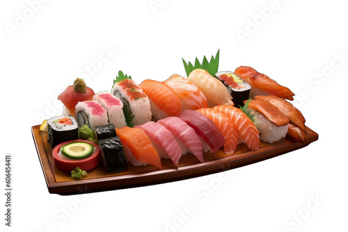 Various kinds of served ready to eat sushi and sashimi isolated, japanese food set plates
