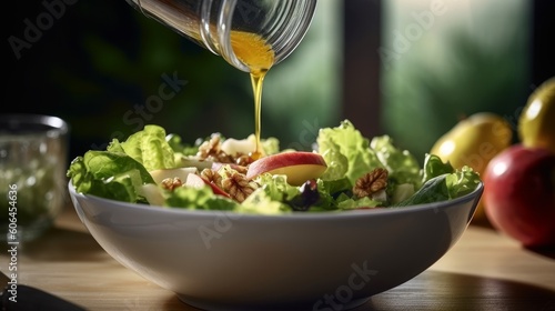 apple cider vinegar being poured into a spoon over a salad bowl photo