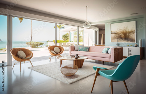 Generative AI illustration of mid-century modern beachfront villa interior design photo