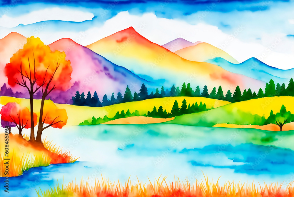 Watercolor children's drawing of mountains and trees landscape