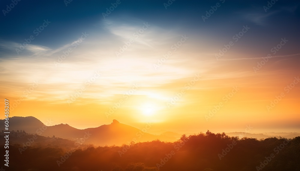 Sunrise over green forest with mountains and river background