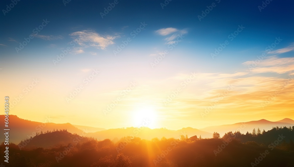 Sunrise over green forest with mountains and river background Generative Ai Sunrise over green forest with mountains and river background Generative Ai