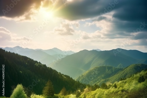 Sun shining cloudy sky is on the mountains , Generate Ai