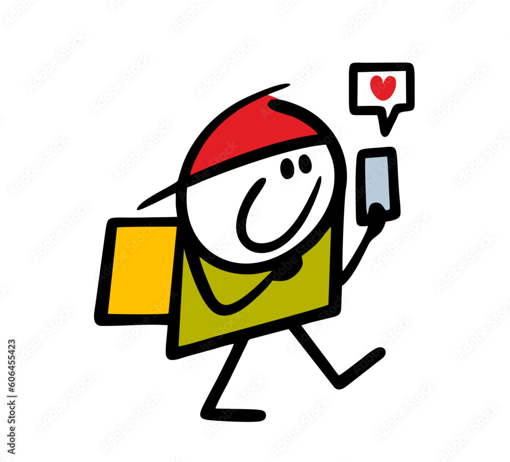 Uniformed employee from the delivery service shows a document signed by the contract. Vector illustration of a stickman at work. Uniformed employee from the delivery service shows a document signed by the contract. Vector illustration of a stickman at work.