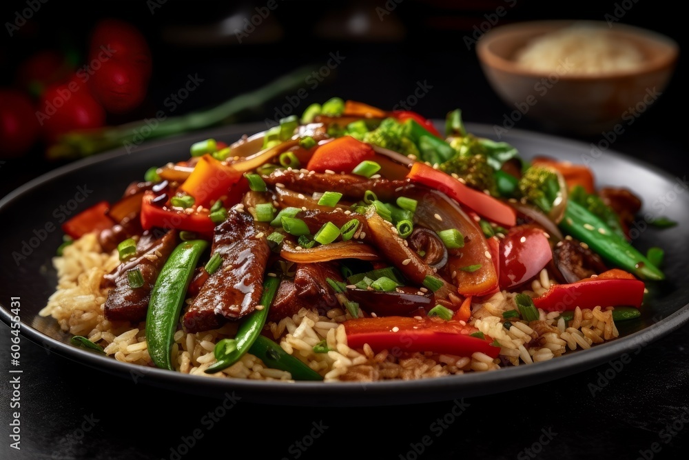 brown rice on a plate surrounded by various stir-fried vegetables brown rice on a plate surrounded by various stir-fried vegetables
