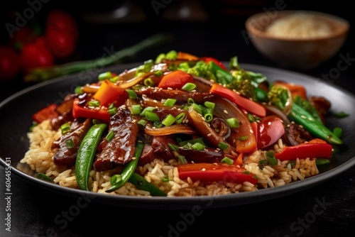 brown rice on a plate surrounded by various stir-fried vegetables